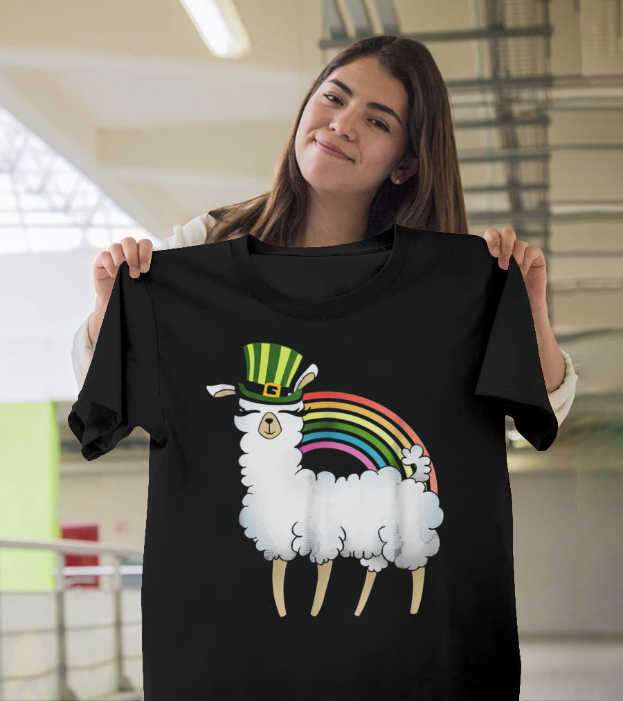 Llama In St Patrick's Day Hat With Rainbow T-Shirt