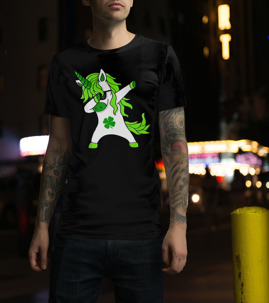 Mens Womens Dabbing Unicorn With Green Shamrock And Hair T-Shirt
