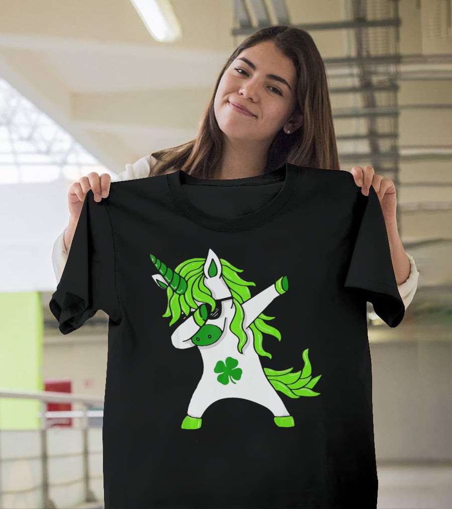 Mens Womens Dabbing Unicorn With Green Shamrock And Hair T-Shirt