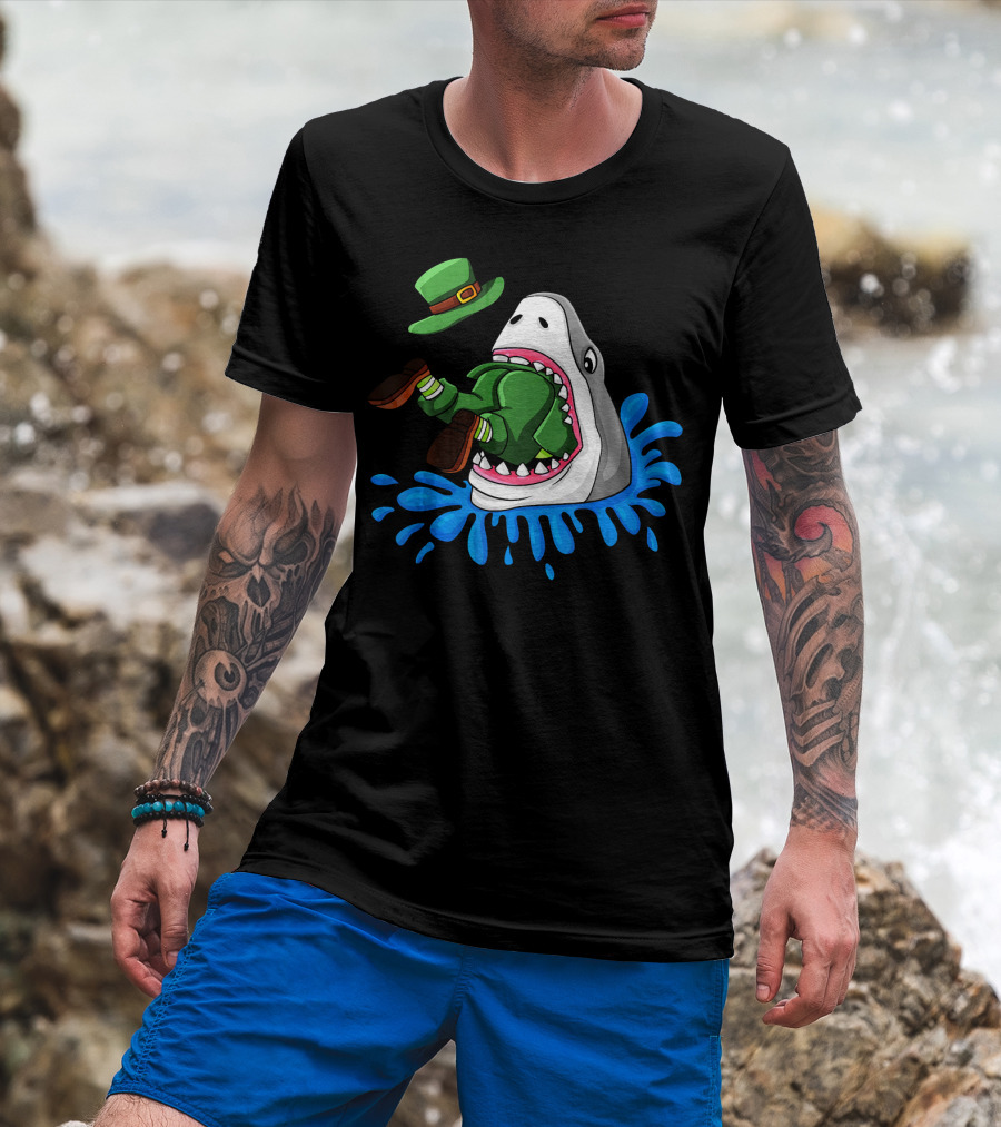Shark Devours Leprechaun Wearing Green Outfit With Dropped Hat In Water Splash T-Shirt