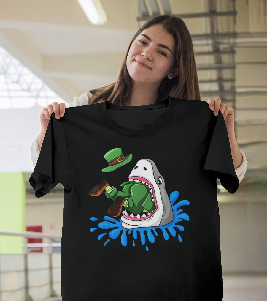Shark Devours Leprechaun Wearing Green Outfit with Dropped Hat in Water Splash T-Shirt