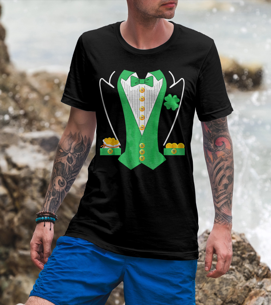 Leprechaun Costume Girl Green Suit Bow Tie Clover Gold Coins T-Shirt