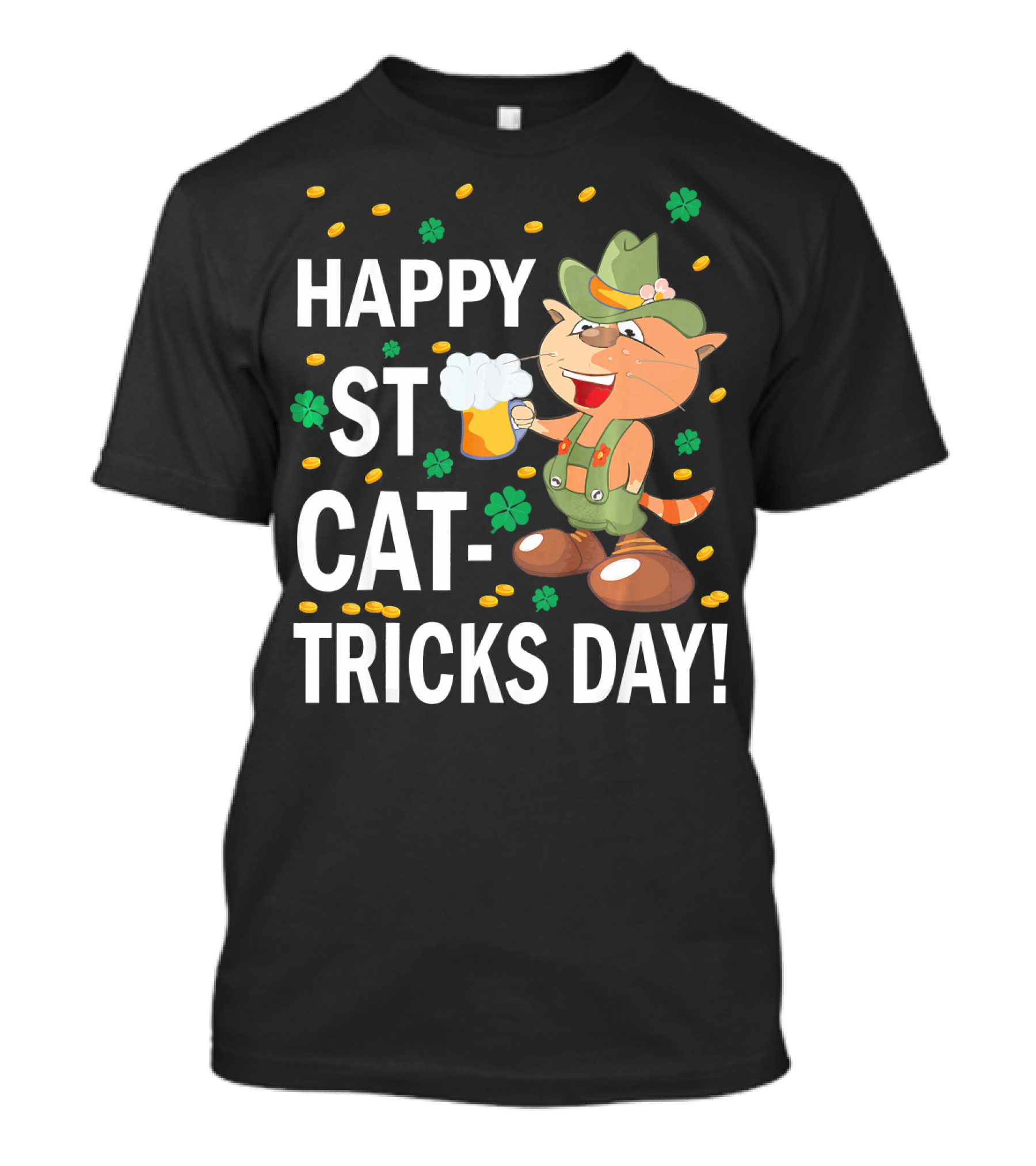 Happy St Cat-Tricks Day Cat Leprechaun Drinking Beer With Clovers And Gold Coins T-Shirt
