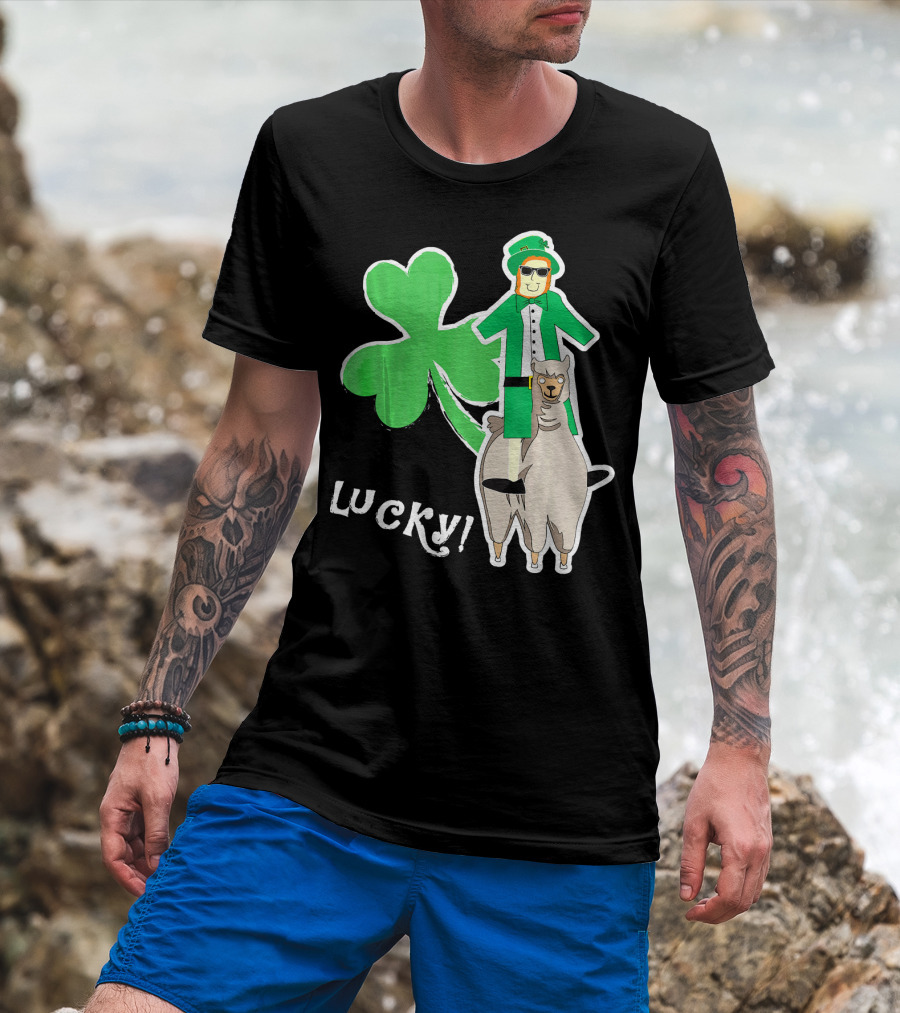 Lucky Leprechaun Riding Llama With Shamrock Irish T-Shirt