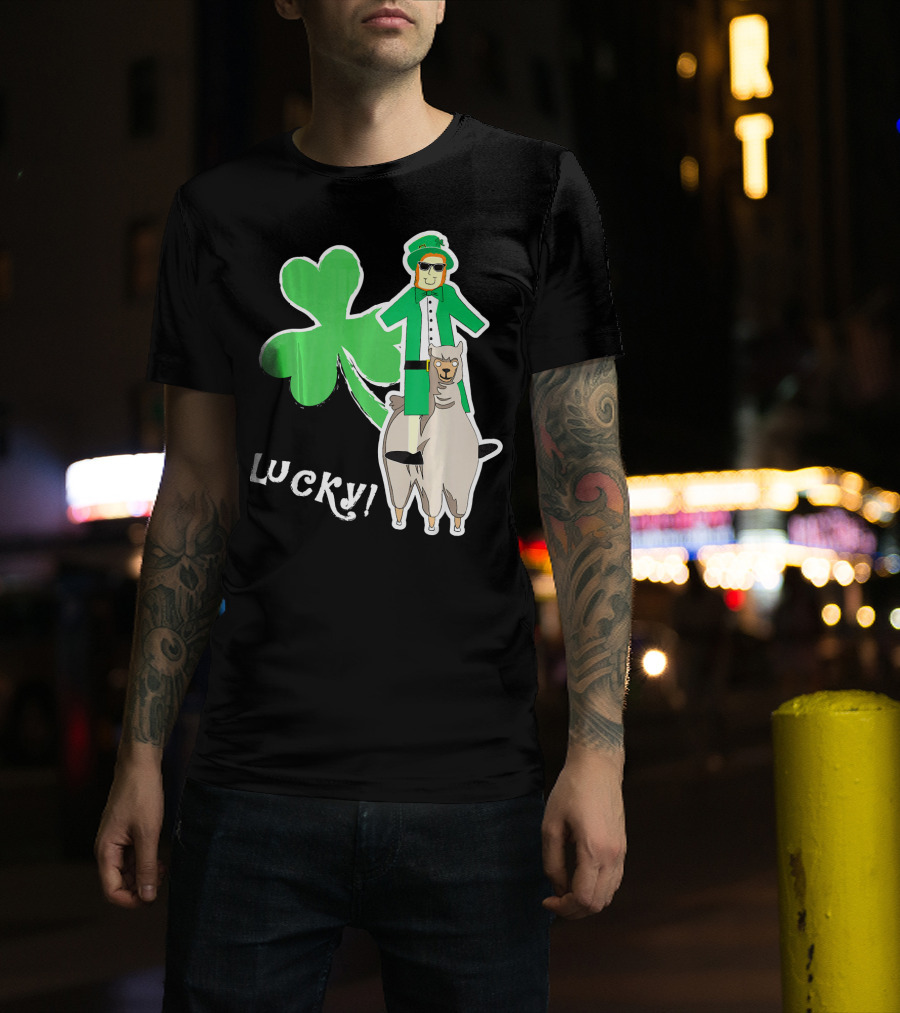 Lucky Leprechaun Riding Llama With Shamrock Irish T-Shirt