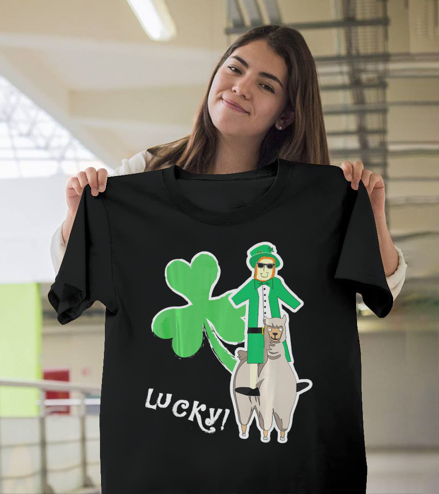 Lucky Leprechaun Riding Llama With Shamrock Irish T-Shirt