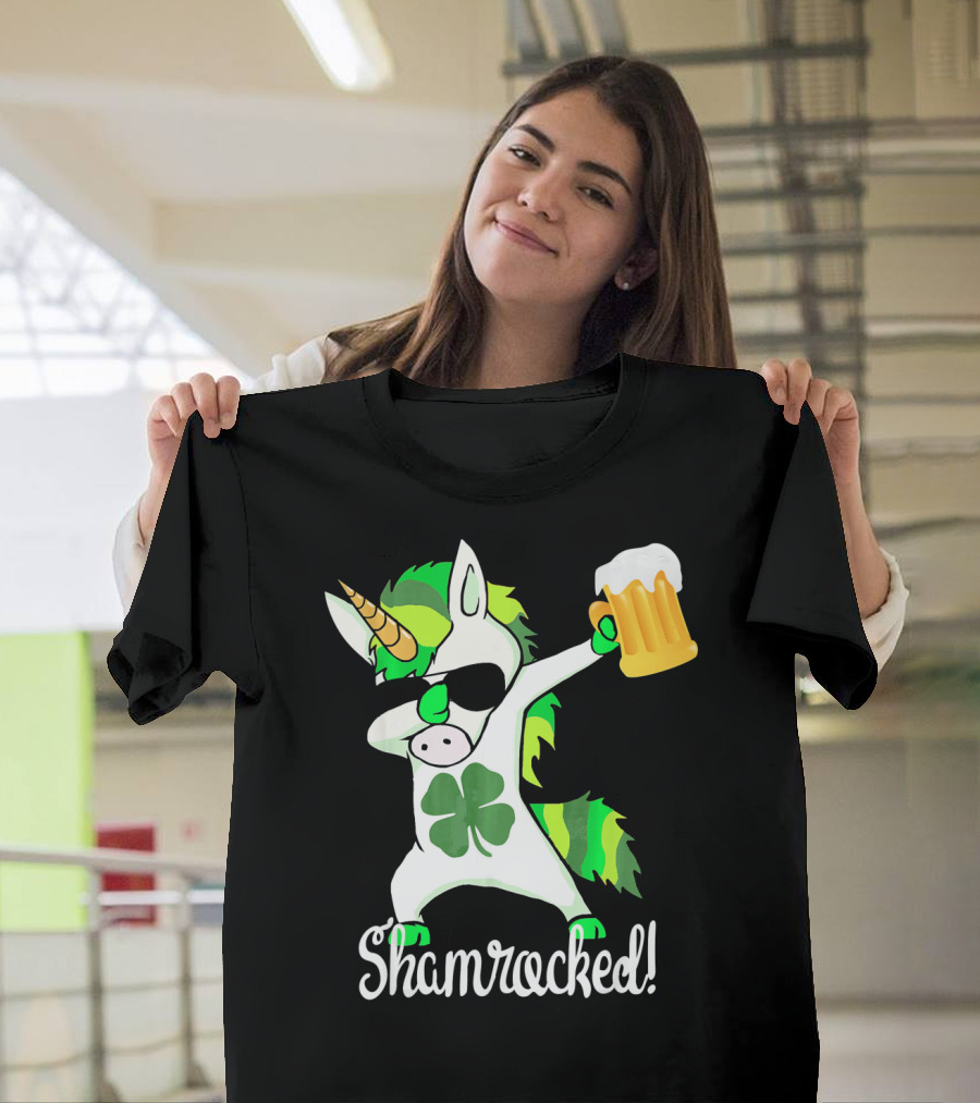 Shamrocked Funny St. Patrick's Day Unicorn with Beer Mug T-Shirt