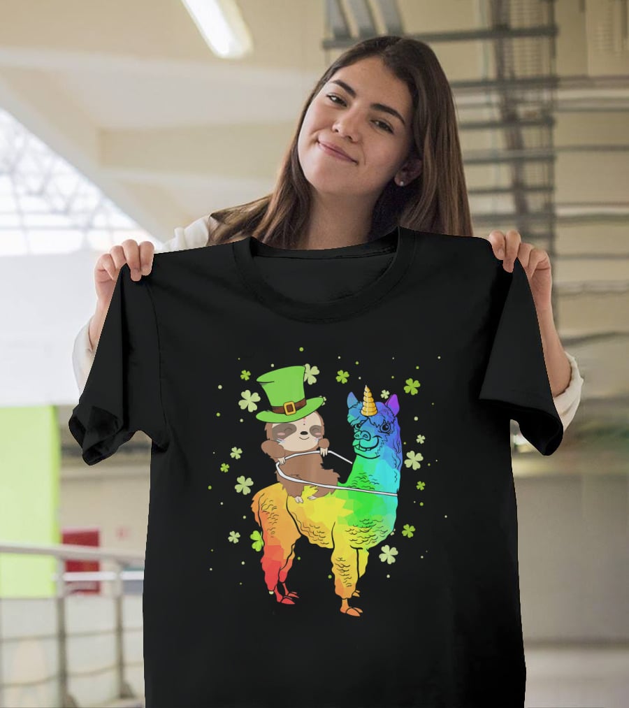 Leprechaun Sloth Riding Rainbow Llama Unicorn St Patrick's Clover T-Shirt
