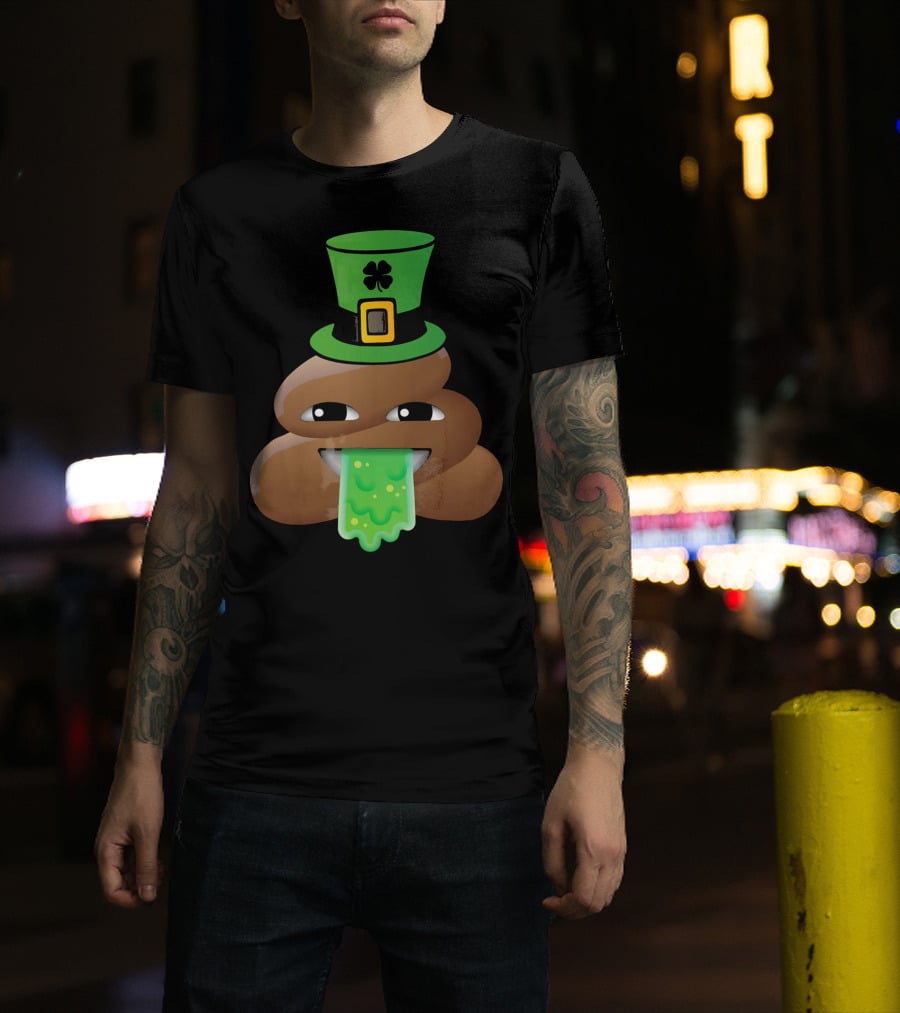 St Patricks Day Funny Leprechaun Poop Emoji Hat And Green Slime Tongue T-Shirt