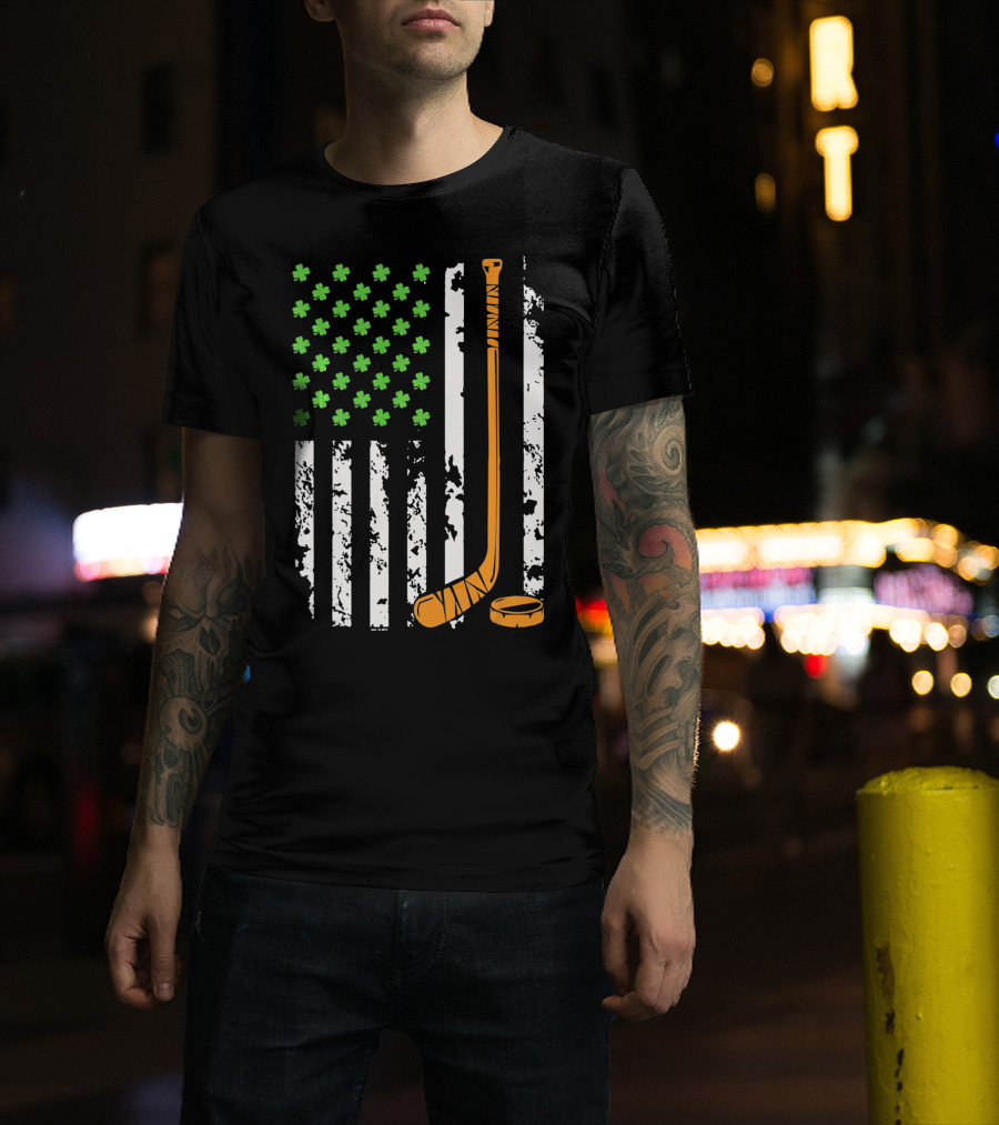 Irish American Hockey Sticks And Shamrocks Flag T-Shirt