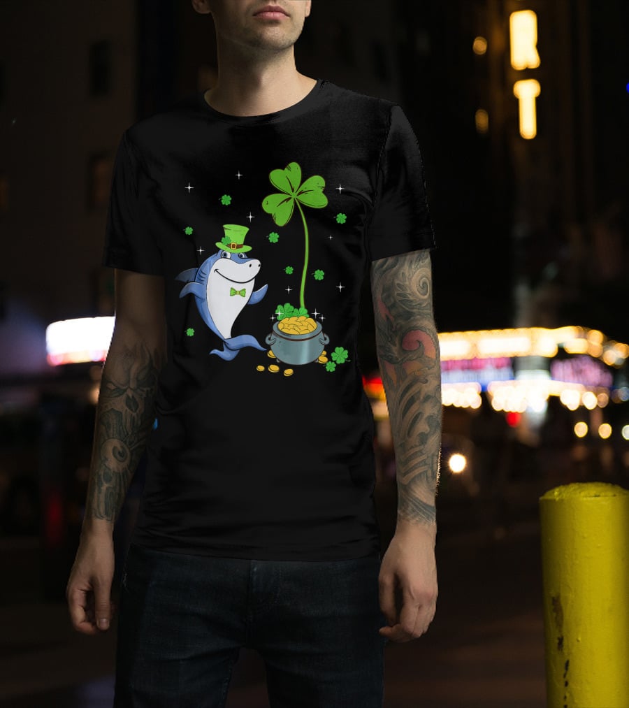 St Patricks Shamrock Leprechaun Shark With Pot Of Gold T-Shirt
