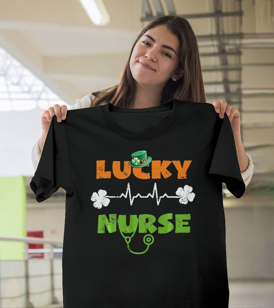 Lucky Nurse Shamrock Heartbeat Stethoscope Hat T-Shirt