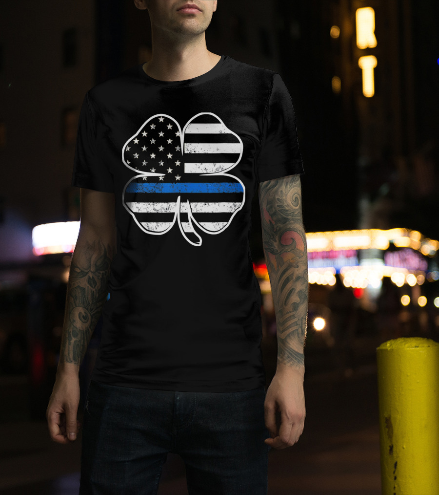 Police Flag Thin Blue Line Shamrock T-Shirt