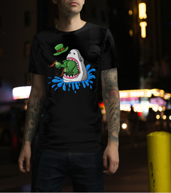 Shark Swallowing Green Leprechaun Hat Splashing Water T-Shirt