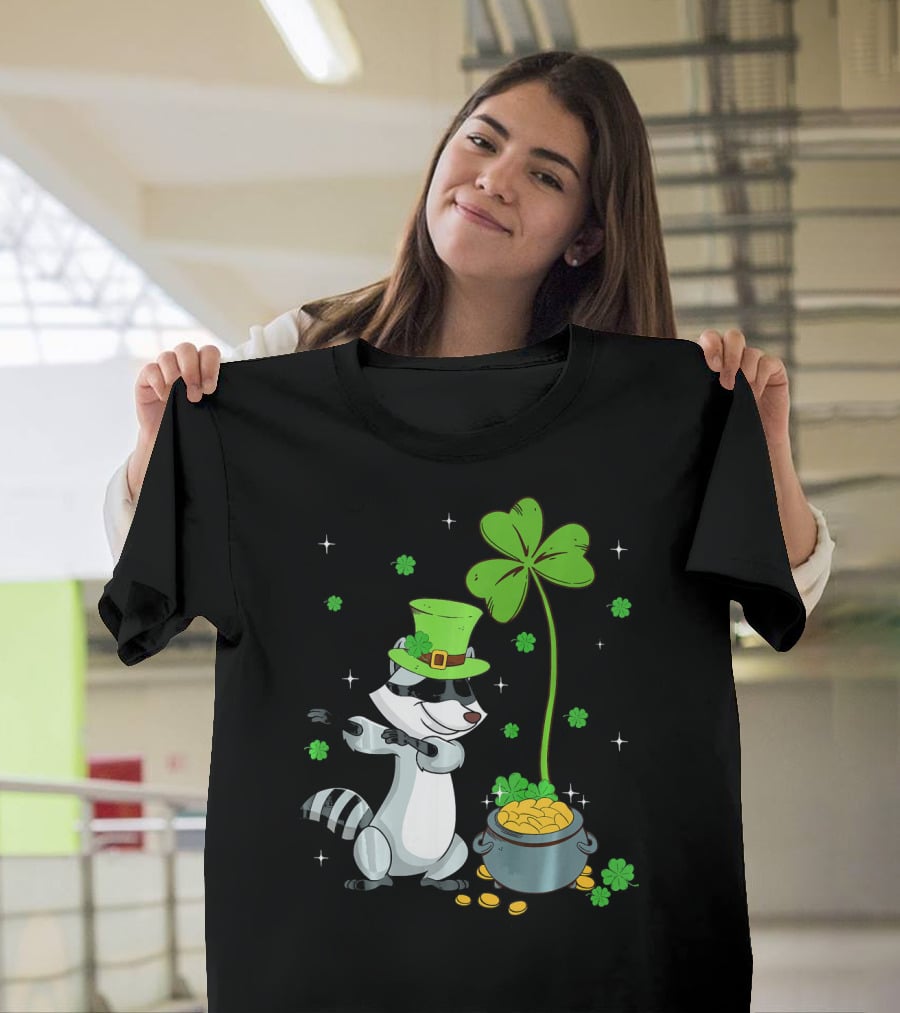 Shamrock Leprechaun Raccoon With Pot Of Gold And Clover St Patricks T-Shirt