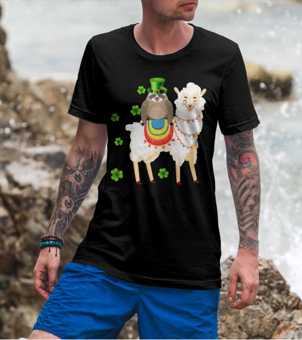 Leprechaun Sloth Riding Llama St Patrick's Day With Shamrocks T-Shirt