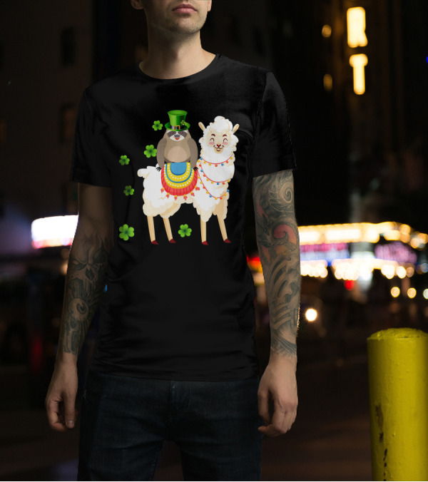 Leprechaun Sloth Riding Llama St Patrick's Day With Shamrocks T-Shirt