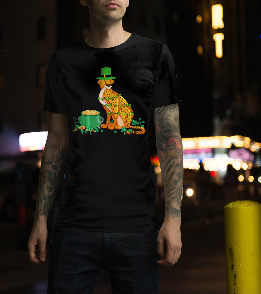 Leprechaun Cheetah Covered In Shamrocks With Pot Of Gold T-Shirt