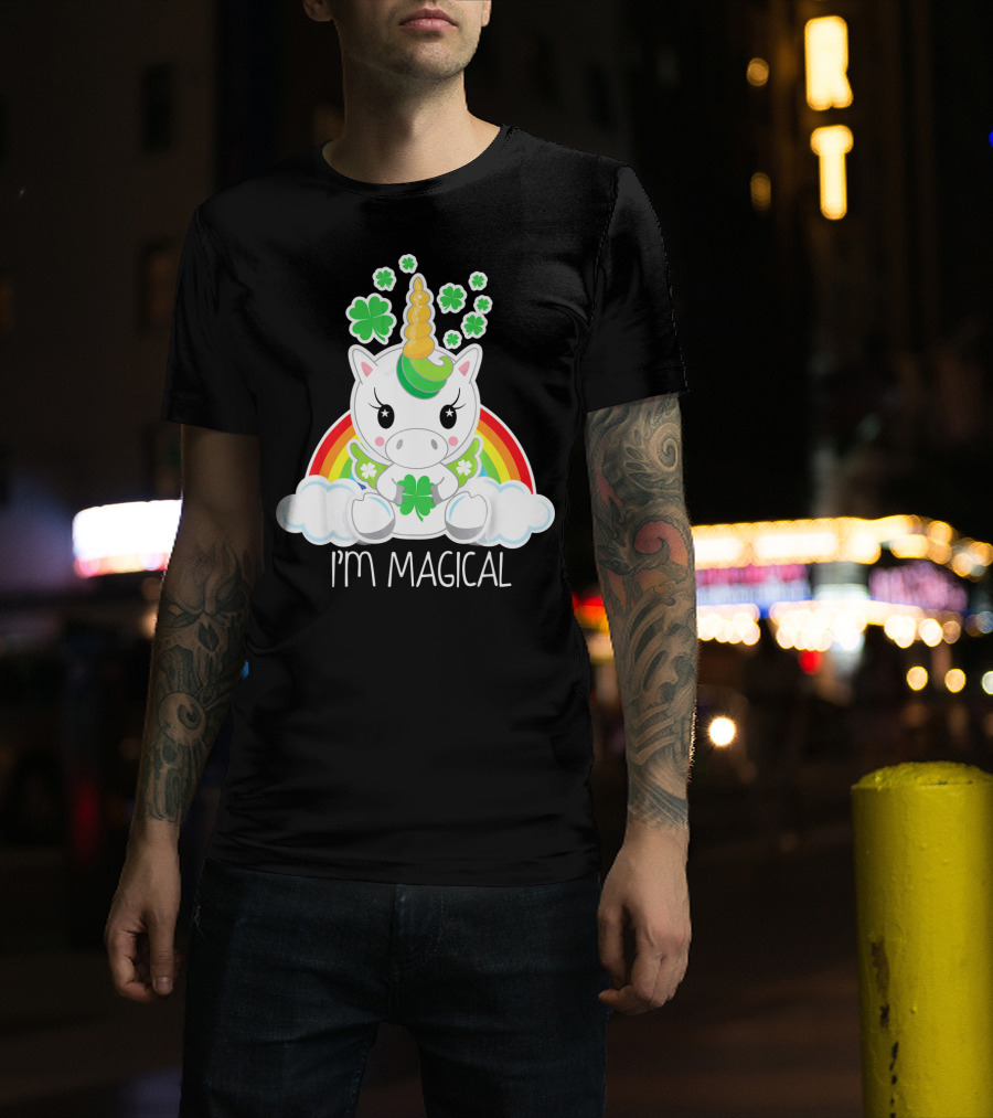 Girls Cute Unicorn I'm Magical Rainbow Clover T-Shirt