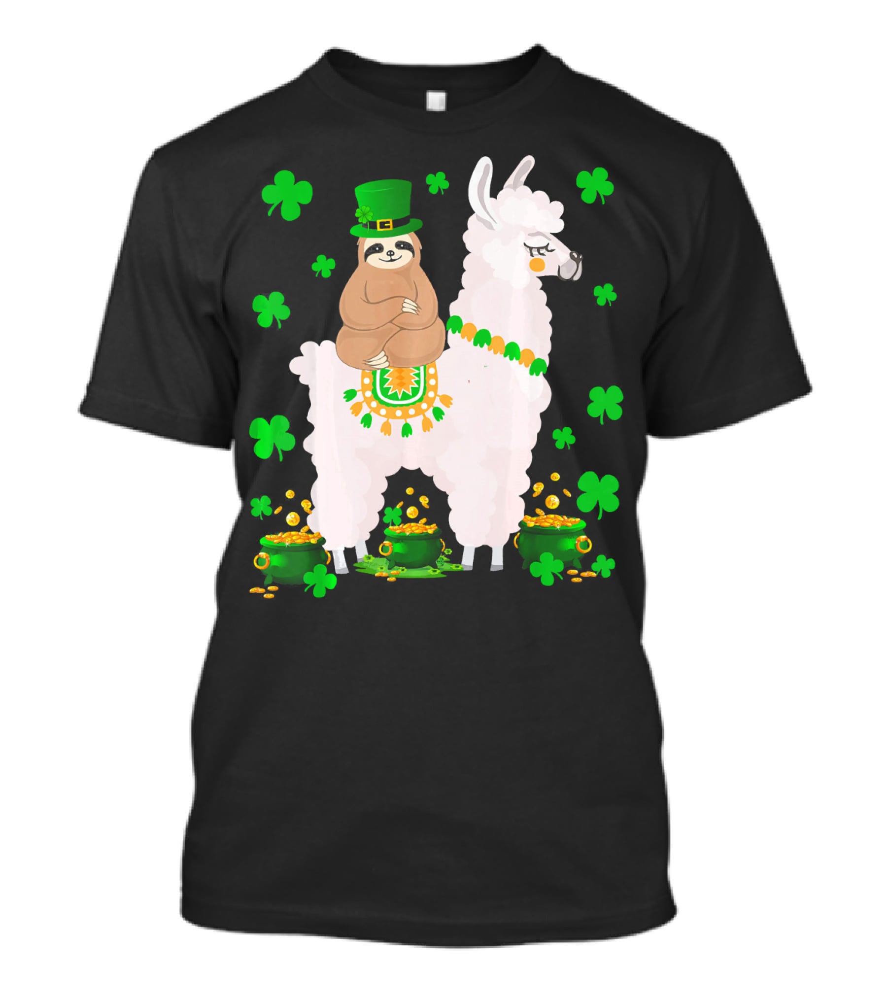 Leprechaun Sloth Riding Llama Surrounded By Shamrocks And Gold Coins St. Patric T-Shirt