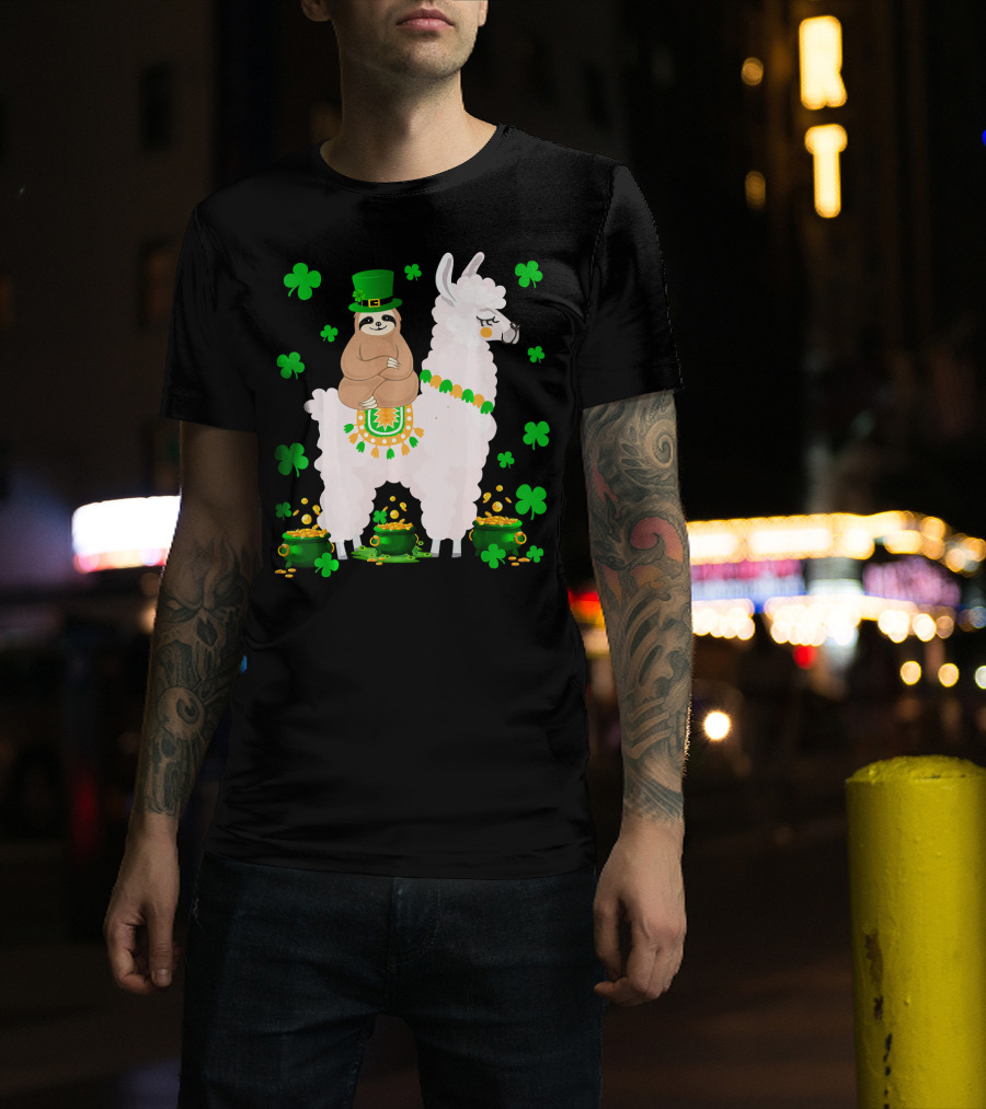 Leprechaun Sloth Riding Llama Surrounded By Shamrocks And Gold Coins St. Patric T-Shirt