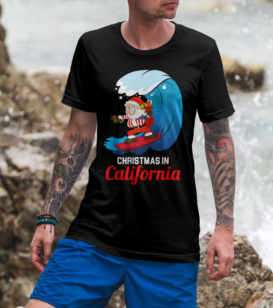 Santa Surfing Christmas In California T-Shirt