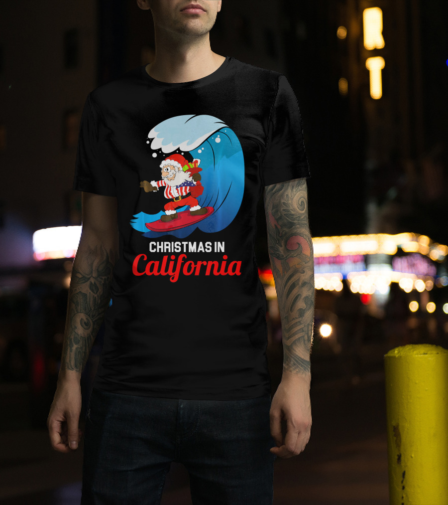 Santa Surfing Christmas In California T-Shirt