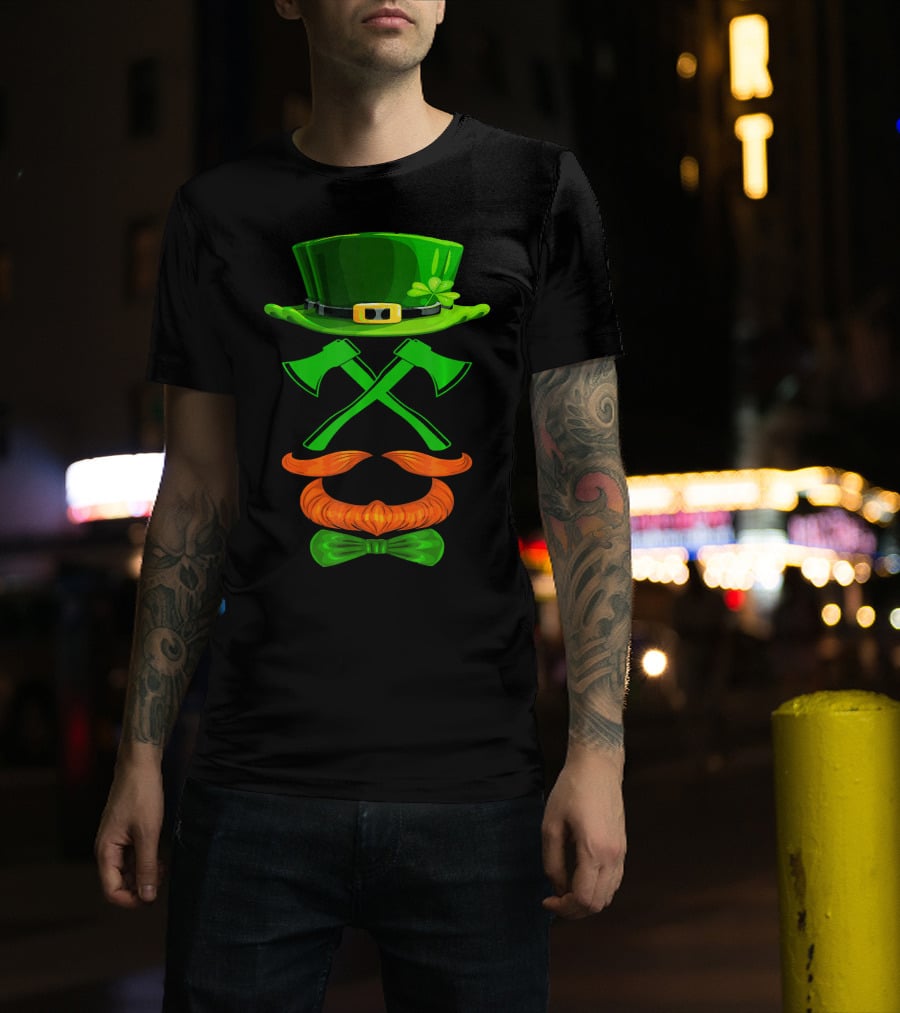 Leprechaun Hat And Crossed Axes With Orange Beard And Bow Tie T-Shirt