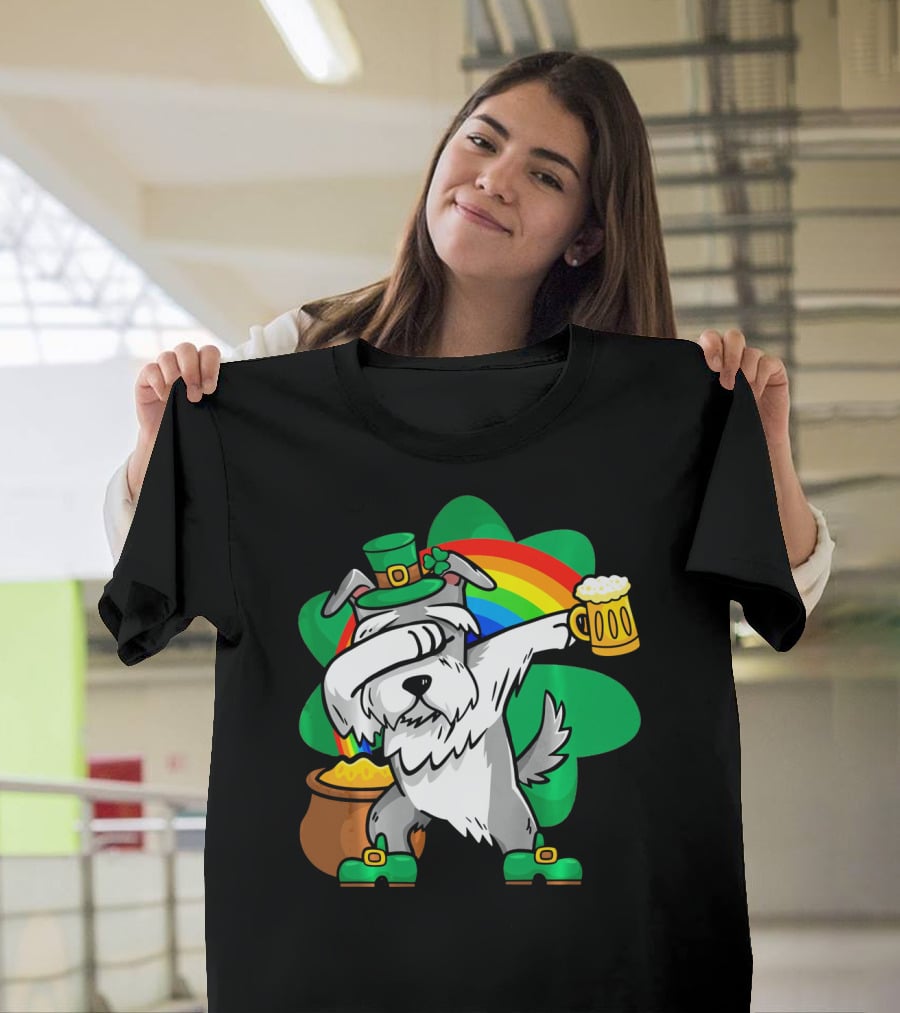 Funny Dabbing Schnauzer Leprechaun With Beer And Rainbow T-Shirt