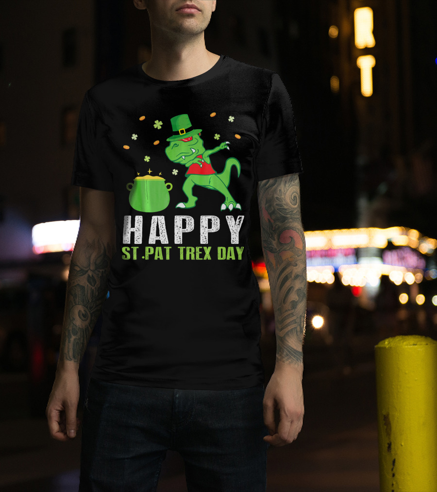 Happy St. Pat T-Rex Day Dinosaur Leprechaun Dabbing Pot Gold T-Shirt
