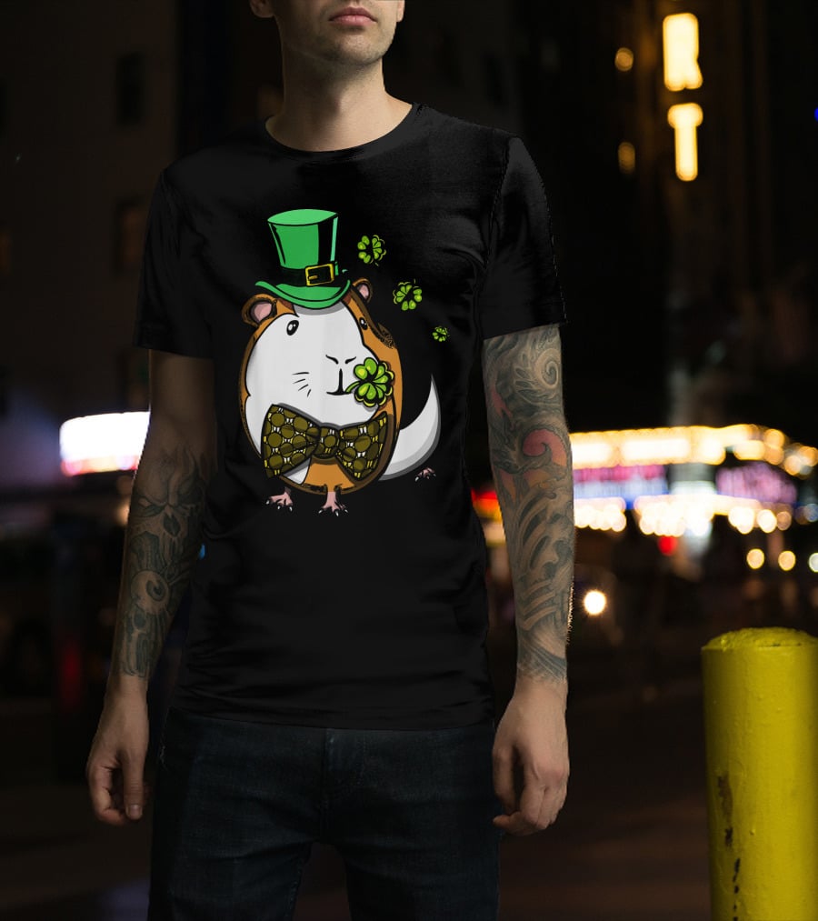 Leprechaun Guinea Pig St Patricks Irish Clover Bow Tie Green Hat T-Shirt