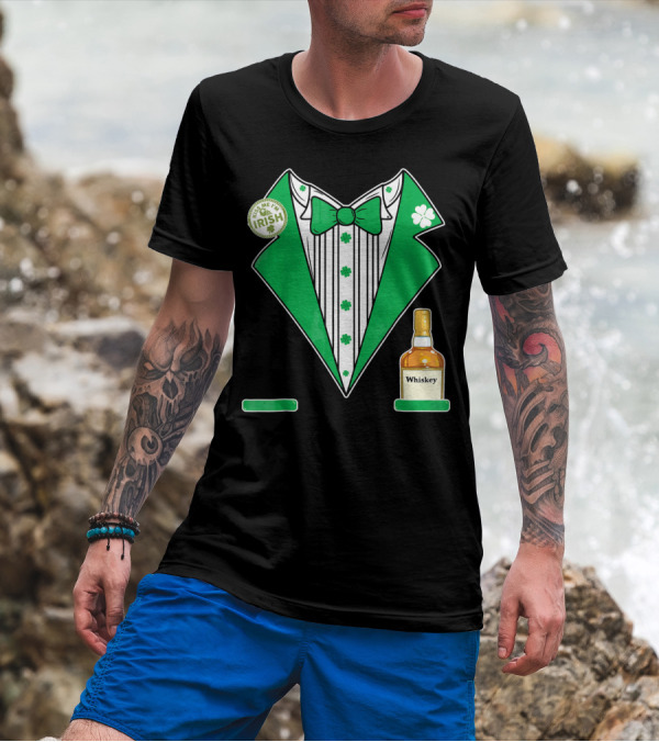 Kiss Me I'm Irish St. Patrick's Day Tuxedo With Whiskey Bottle And Shamrock T-Shirt