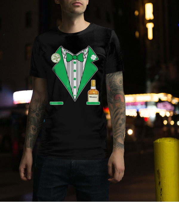 Kiss Me I'm Irish St. Patrick's Day Tuxedo With Whiskey Bottle And Shamrock T-Shirt
