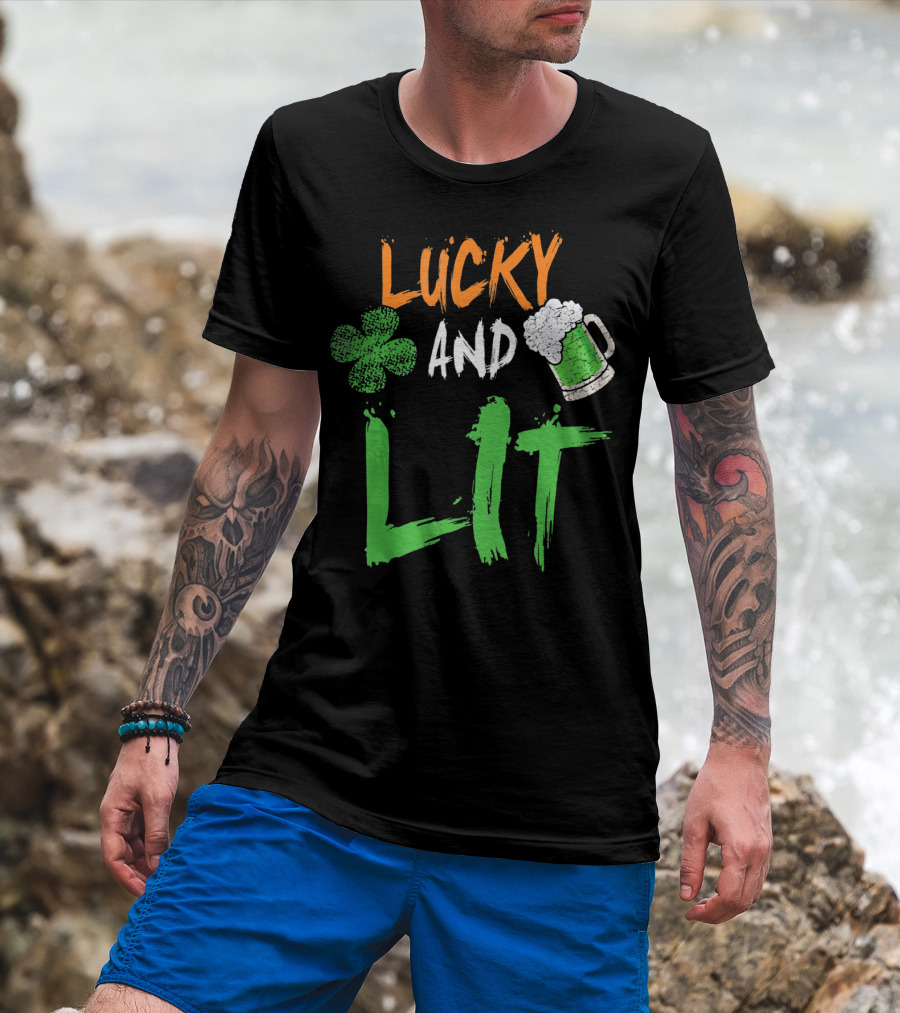 Lucky And Lit Irish Flag Shamrock Beer St. Patrick's Day T-Shirt