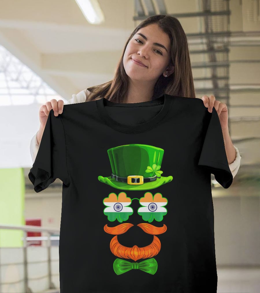 India Flag Shamrock Leprechaun Green Hat Orange Mustache Bow Tie T-Shirt