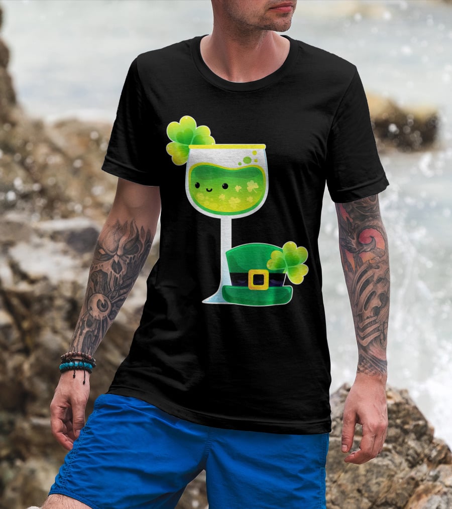 Saint Patrick's Day Green Shamrock Wine Glass With Leprechaun Hat T-Shirt