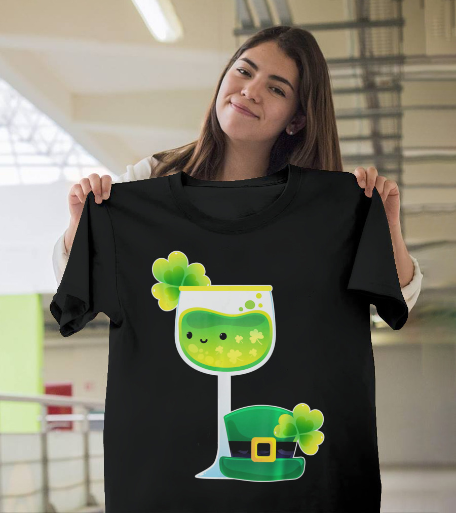 Saint Patrick's Day Green Shamrock Wine Glass with Leprechaun Hat T-Shirt