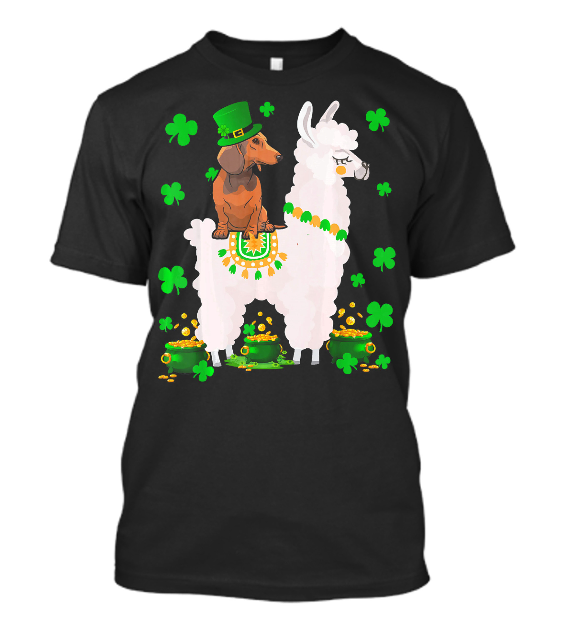 Leprechaun Dachshund Riding Llama Shamrocks Pots Of Gold T-Shirt