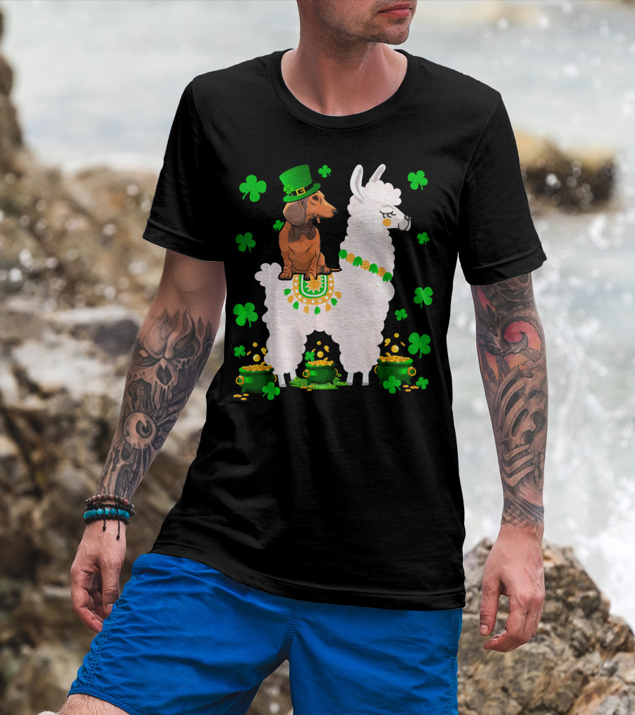 Leprechaun Dachshund Riding Llama Shamrocks Pots Of Gold T-Shirt