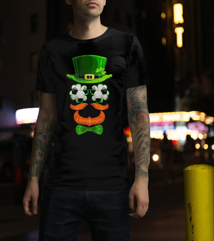 Leprechaun Hat With Soccer Ball Shamrock Glasses And Clover Bowtie T-Shirt