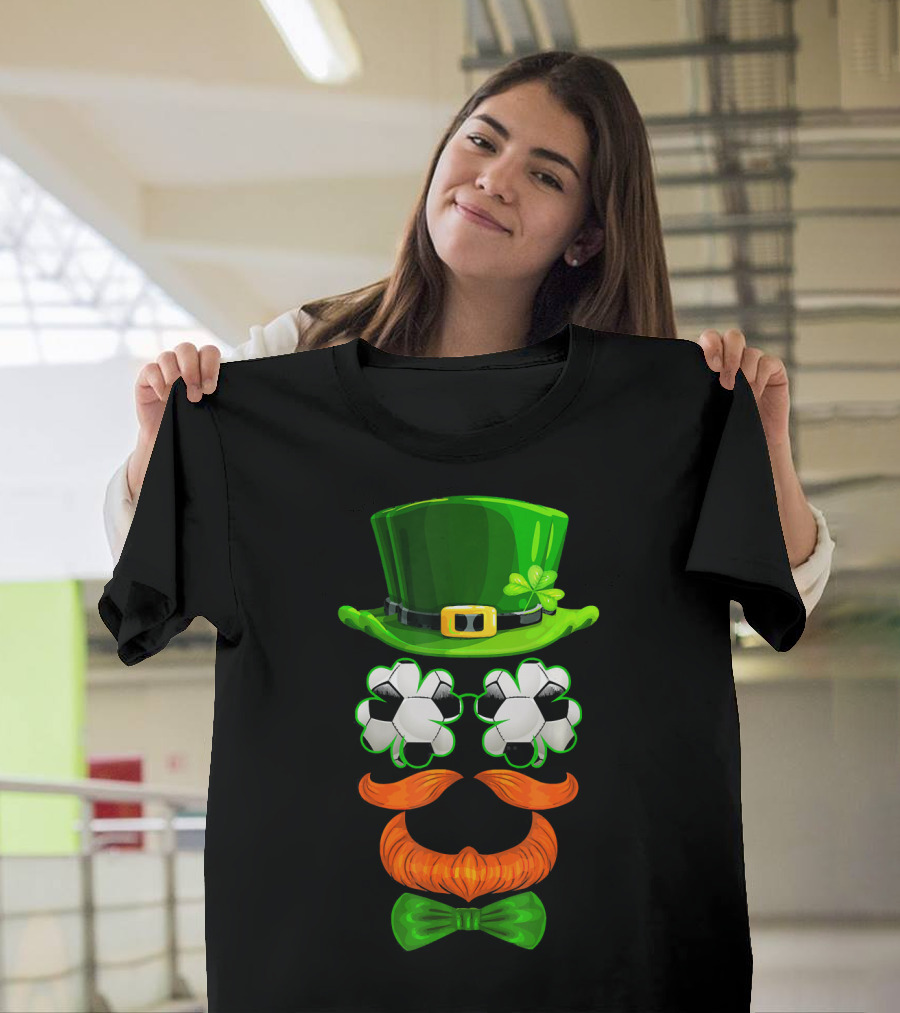 Leprechaun Hat With Soccer Ball Shamrock Glasses And Clover Bowtie T-Shirt