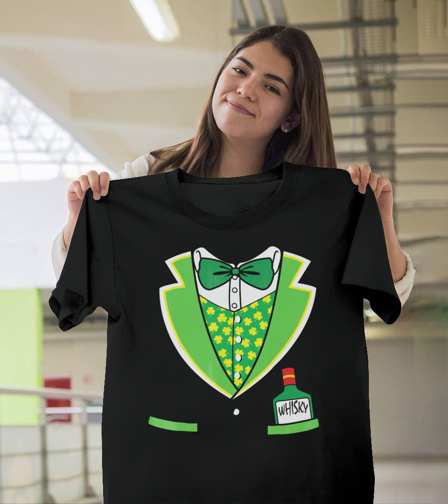 St Patricks Day Tuxedo Costume With Shamrock Vest And Whisky Flask T-Shirt