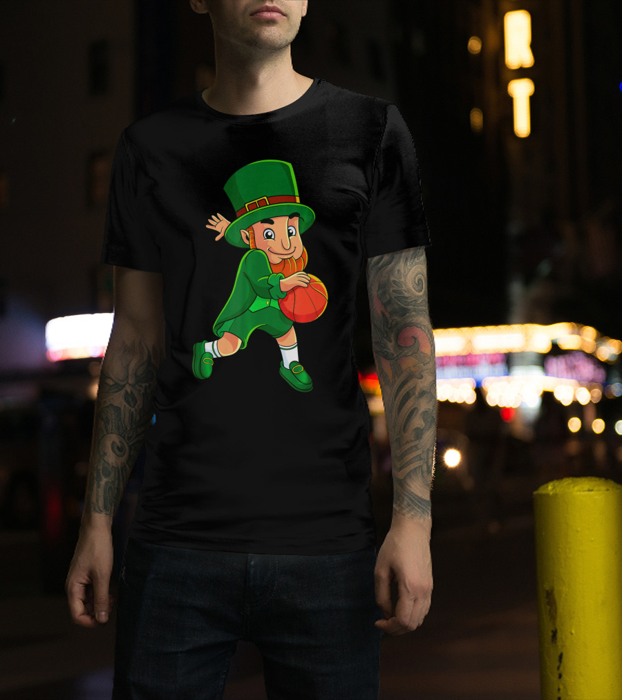 Leprechaun Basketball St Patricks Day Character In Green Outfit With Orange Ball T-Shirt