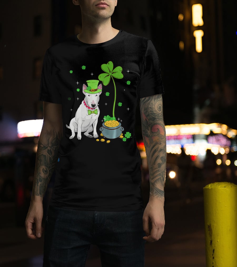 Shamrock Leprechaun Bull Terrier Pot Of Gold And Clover T-Shirt