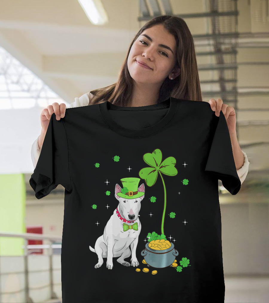 Shamrock Leprechaun Bull Terrier Pot Of Gold And Clover T-Shirt