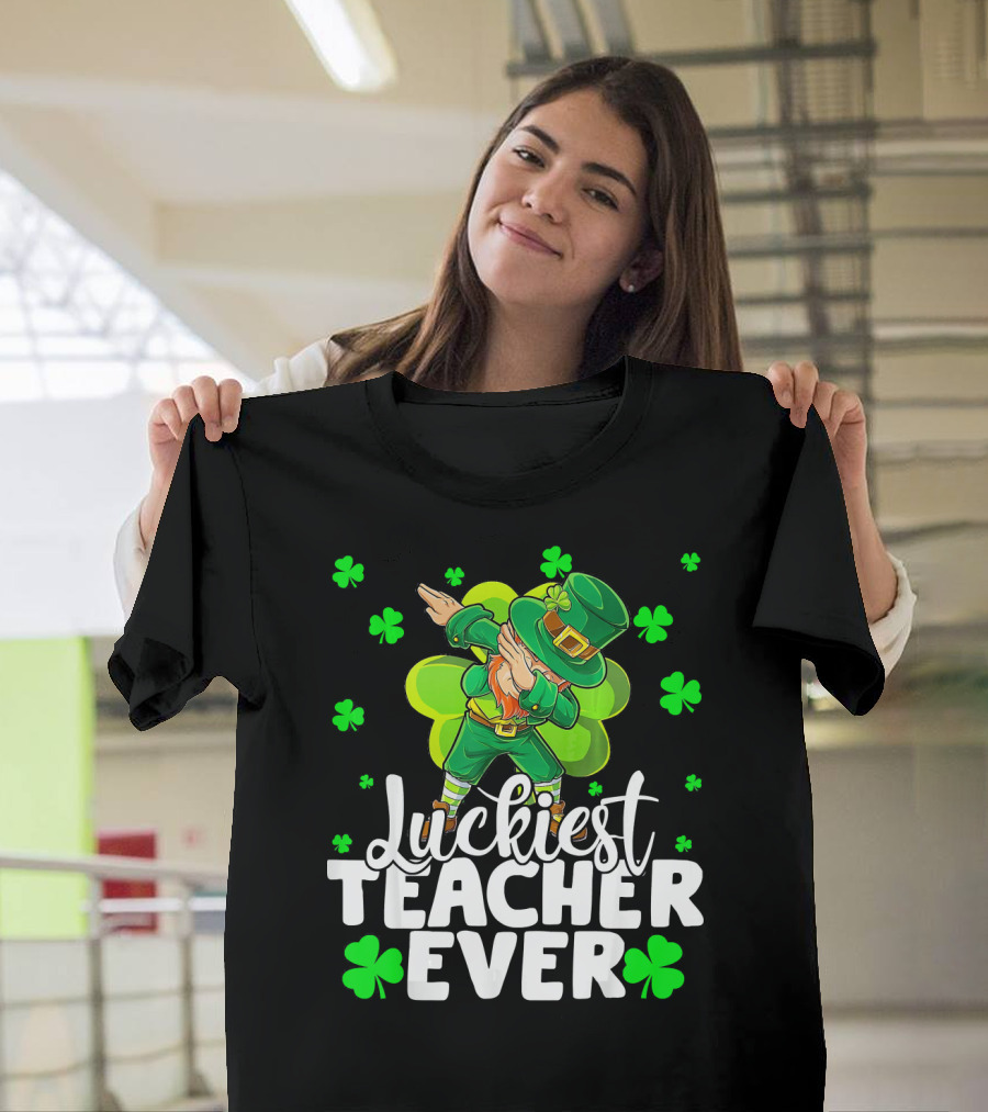 Luckiest Teacher Ever Leprechaun Dabbing with Shamrocks T-Shirt
