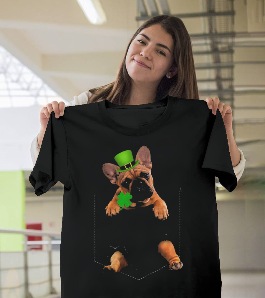 French Bulldog With Shamrock And Leprechaun Hat For St Patricks Day T-Shirt