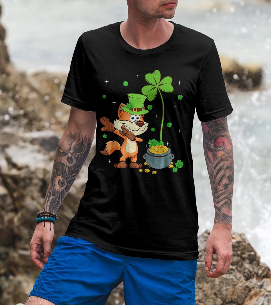 Shamrock Leprechaun Fox With Clover And Pot Of Gold T-Shirt