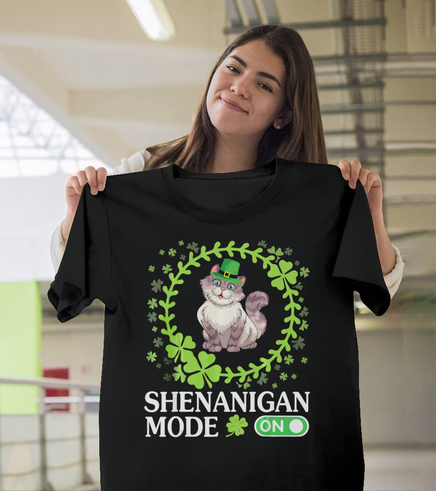 Shenanigan Mode On with Leprechaun Cat in Shamrocks Circle T-Shirt