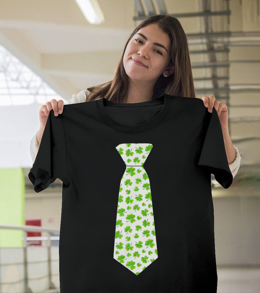 St Patricks Day Irish Shamrock Tie Pattern White Background T-Shirt